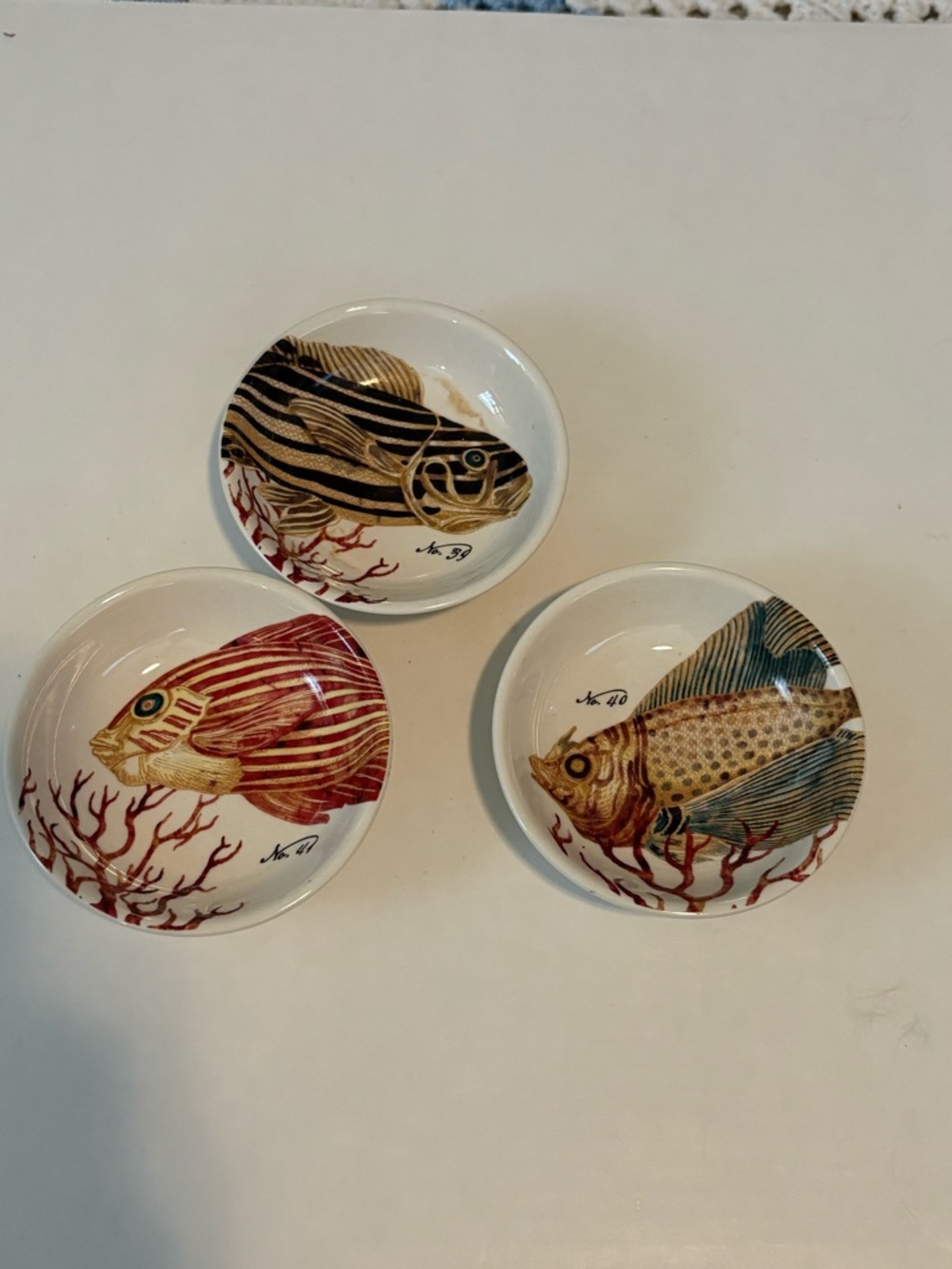 Set of 3 Hand-Painted Tim Coffey iron stone fish sauce/trinket dishes